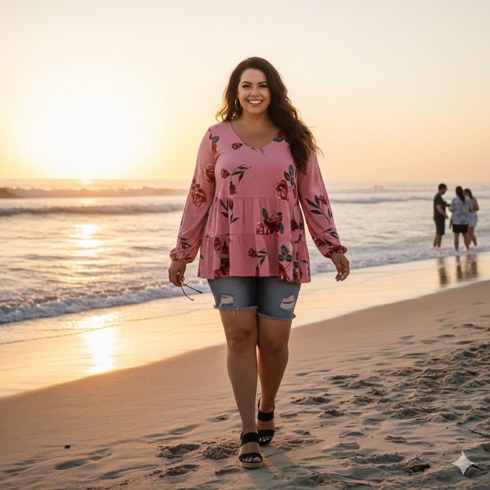 torrid Pink Rose Print V-Neck Peplum Top